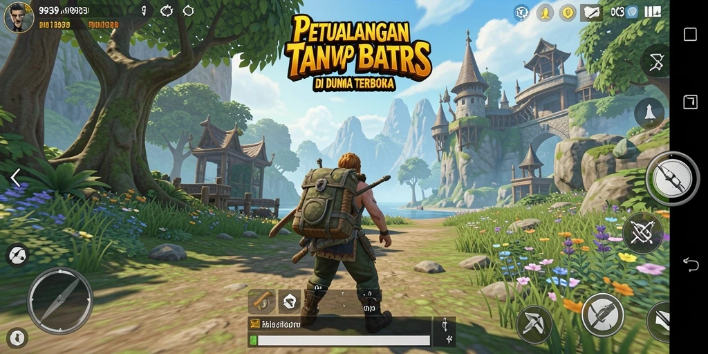 Screenshot gameplay menampilkan eksplorasi dunia terbuka yang luas.