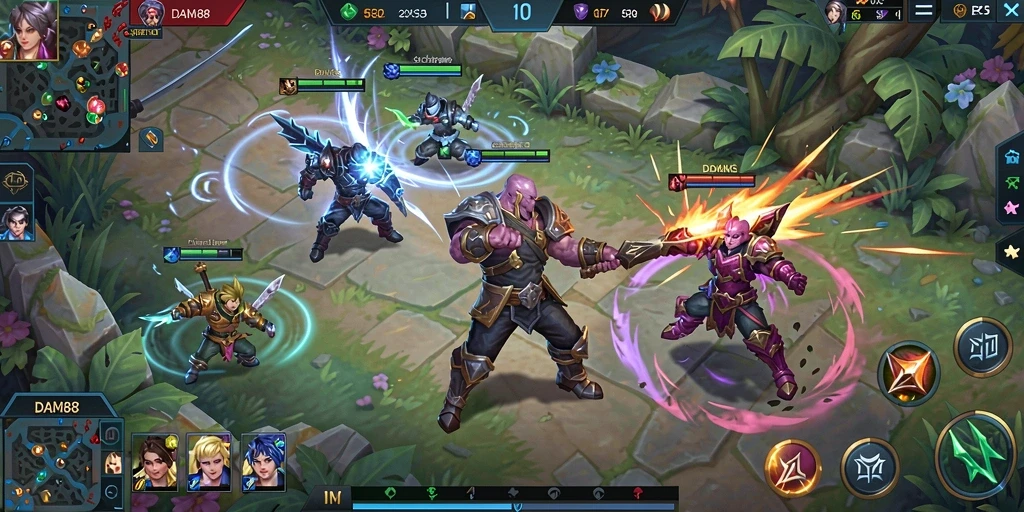 Screenshot gameplay MOBA yang menunjukkan pertempuran seru.