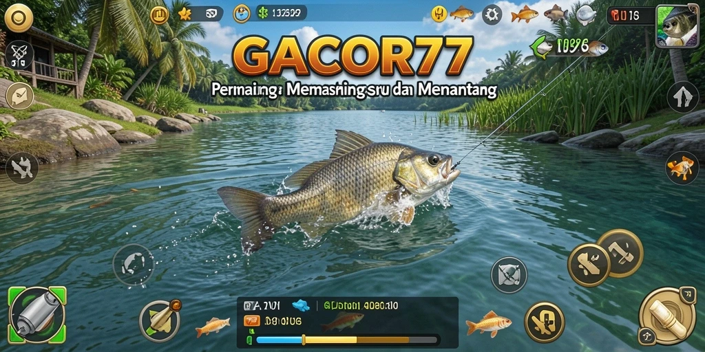 Tampilan gameplay GACOR77 yang menampilkan ikan dan lokasi memancing.