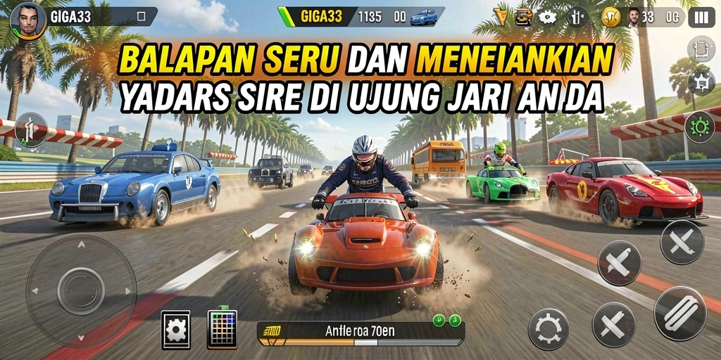Gameplay seru GIGA33 dengan mobil balap di trek menantang.